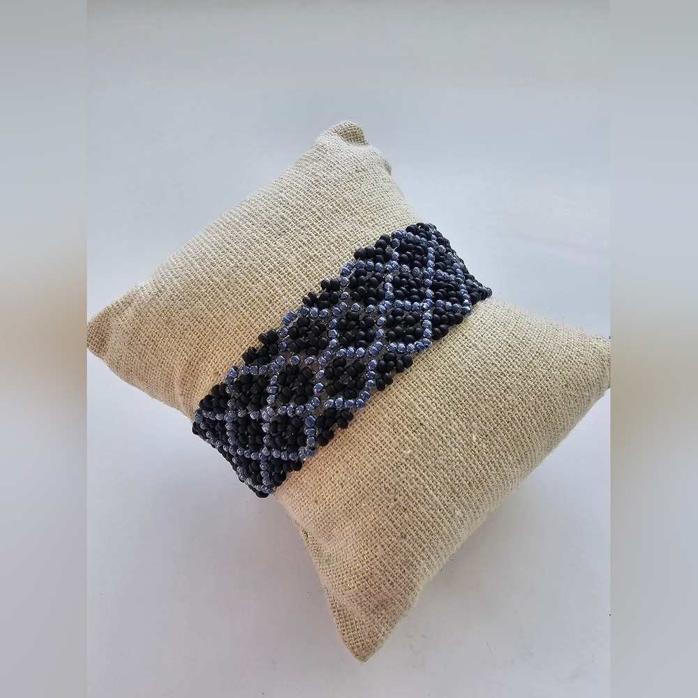 Hand-Woven Lattice Seed Bead Cuff Bracelet Black & Iridescent Blue Double Clasp